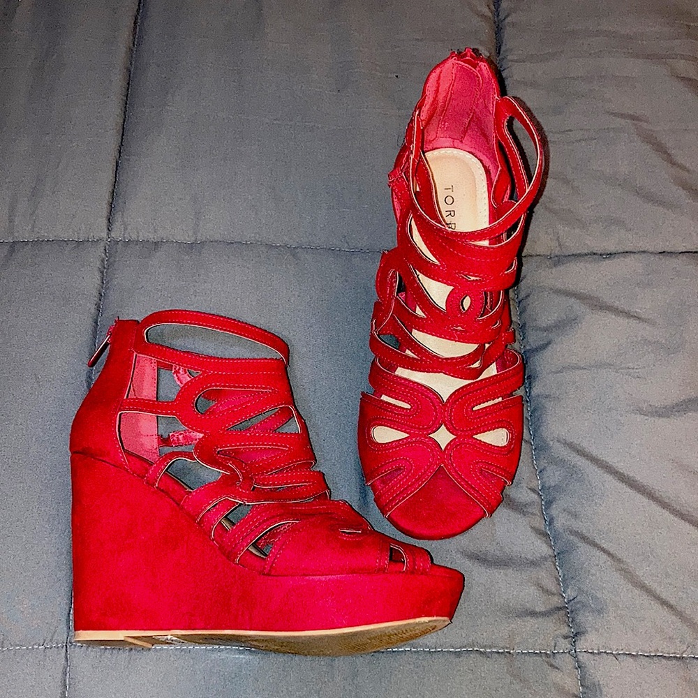 8W Red Torrid Satin Wedges
